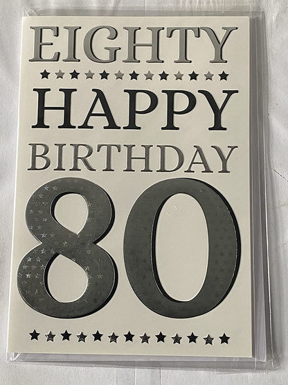 Mens Male Age 80 80th Eighty Eightieth Eighty Happy Birthday 80 Birthday Card Silver/Black Words/Stars Foil Detail(PH44442A)