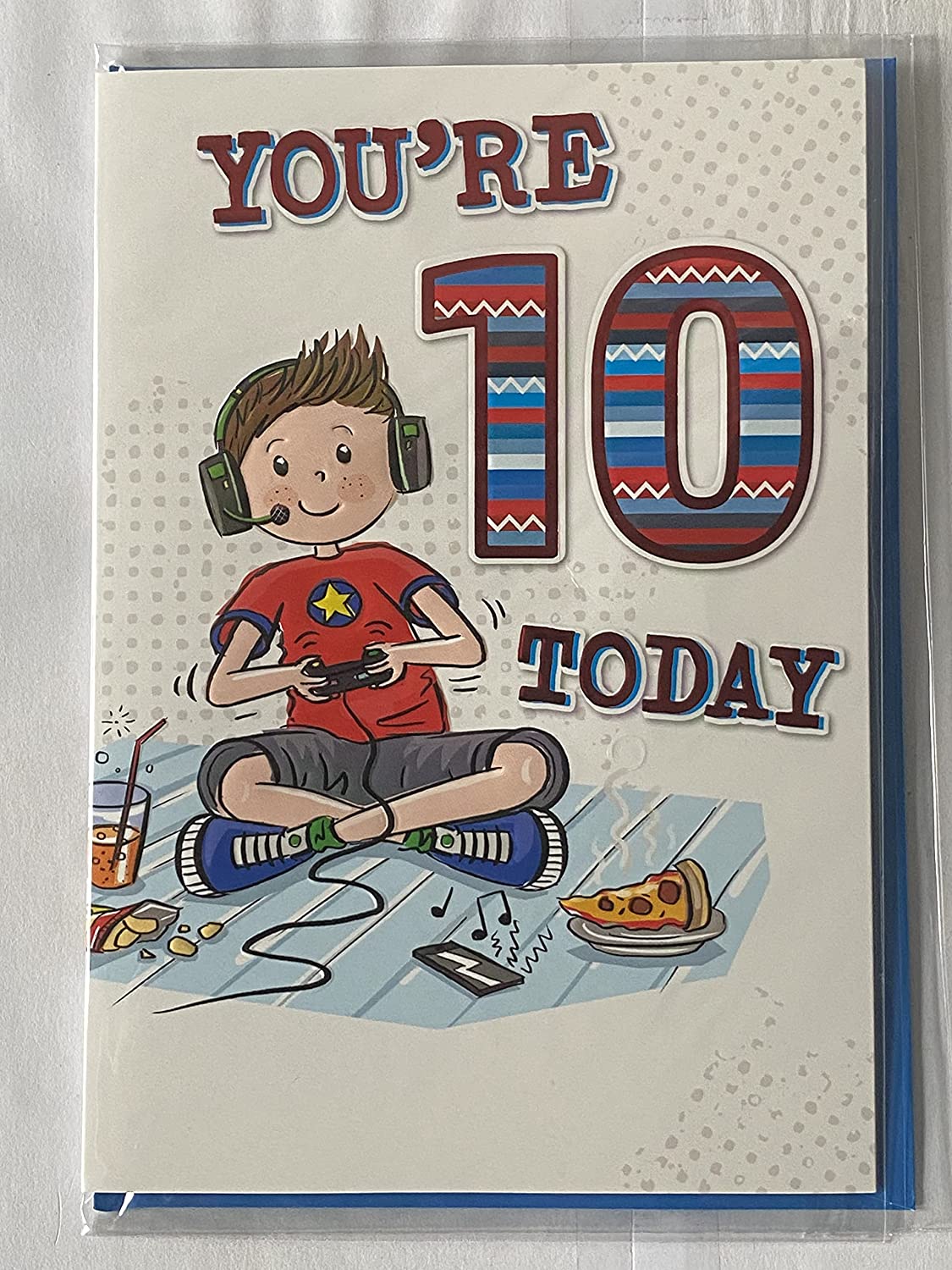 Boys Male Age 10 10th Ten Tenth You're 10 Today Birthday Card Cute Boy Gamer/Pizza+Pop Foil Detail(PH43411-1E)