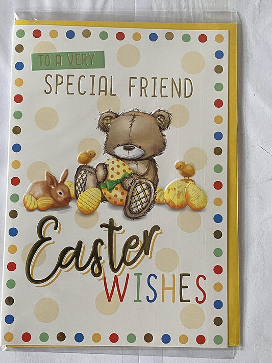 To A Very Special Friend Easter Wishes Easter Card Teddy/Yellow Easter Eggs/Rabbit/Chicks/Spots Foil Detail(PH47781A)