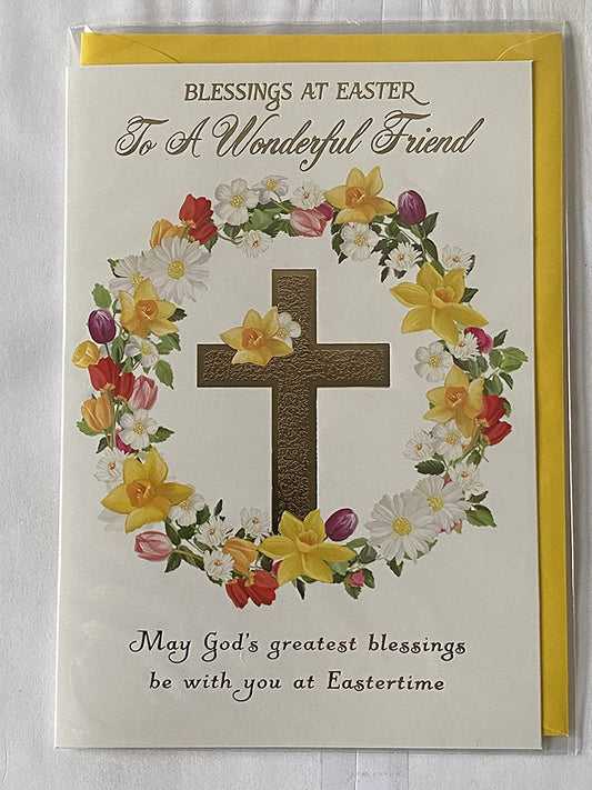 Blessings At Easter To A Wonderful Friend Easter Card Gold Cross/Floral Circle/Gold Words Foil Detail(PH48824A)