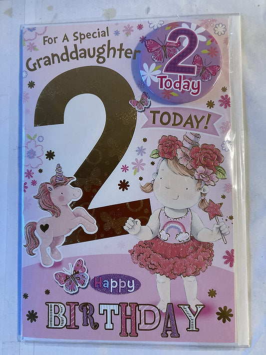 or A Special Granddaughter 2 Today Happy Birthday Card With Badge 2nd Second Two Cute Girl/Unicorn Glitter/Foil Detail