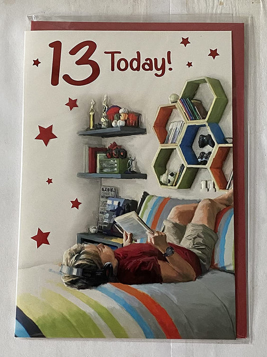 Boys Male Age 13 13th Thirteen Thirteenth 13 Today! Kids Birthday Card Young Man-Boy Relaxing On Bed/Book/Headphones Foil Detail(PH47354E)