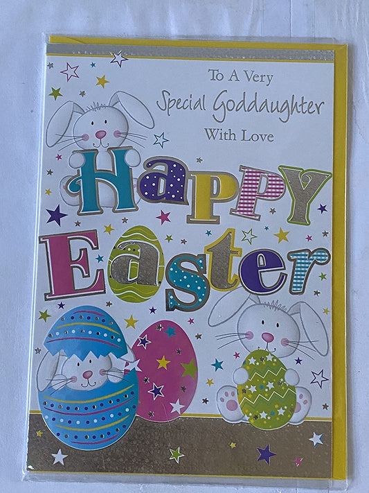 To A Very Special Goddaughter With Love Happy Easter Card White Easter Bunny Rabbit Holding Green Egg/Multi Words/Stars Foil Detail(PH35478E)