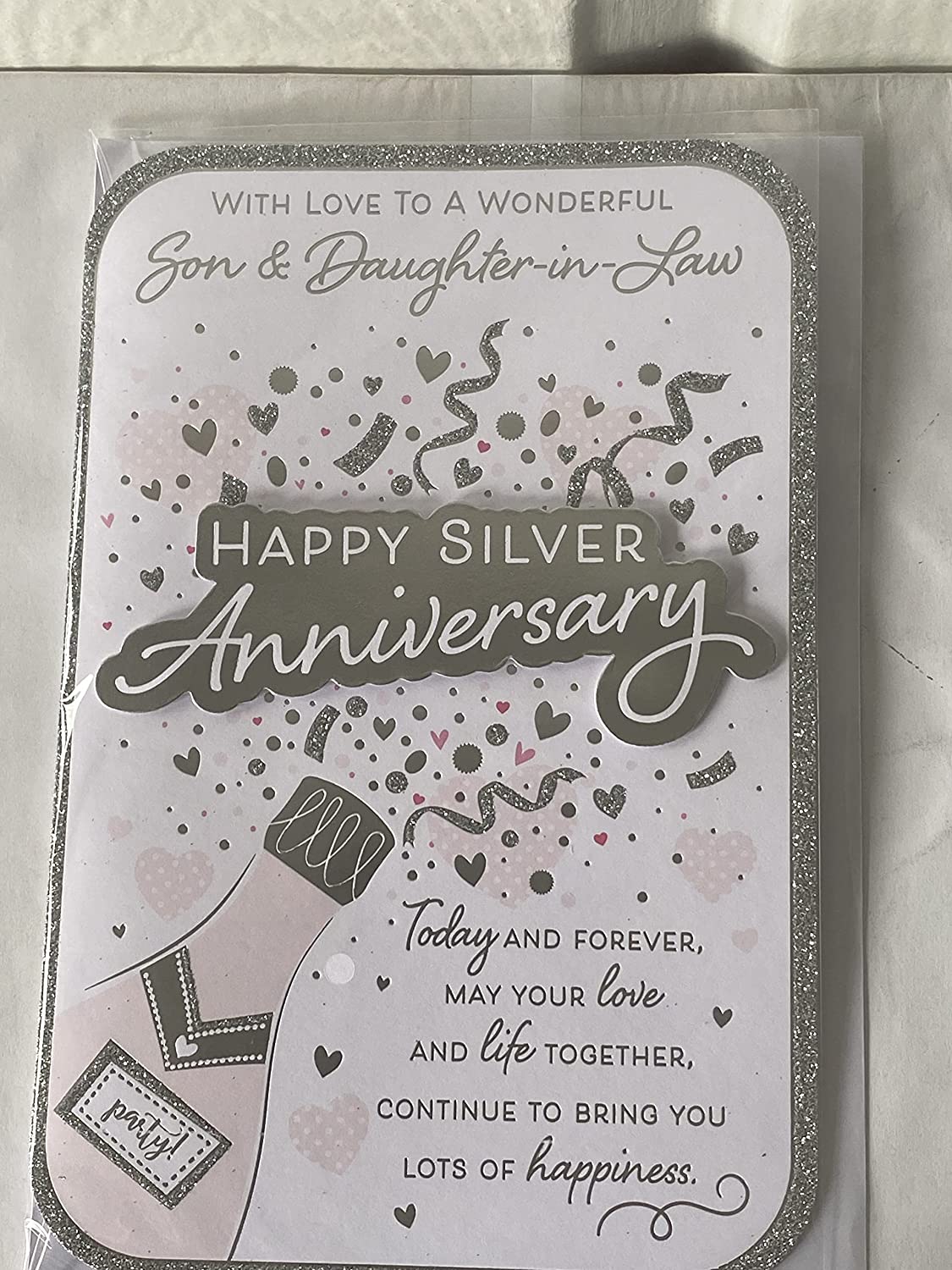 With Love To A Wonderful Son & Daughter-In-Law Happy Silver Anniversary Your 25th Wedding Anniversary Card Champagne/Silver Words 3D/Glitter/Foil Detail(PRELUDE48309)