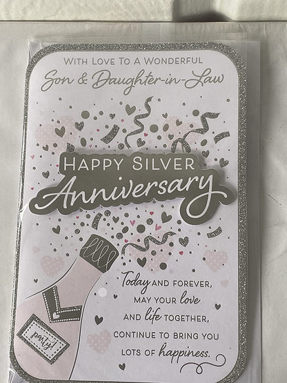 With Love To A Wonderful Son & Daughter-In-Law Happy Silver Anniversary Your 25th Wedding Anniversary Card Champagne/Silver Words 3D/Glitter/Foil Detail(PRELUDE48309)