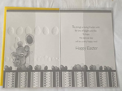 With Lots Of Love Daughter And Special Wishes At Easter Card Standing Rabbit/Multi Flowers/Easter Eggs/Stripes Foil Detail