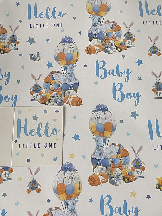 White/Blue-Gifts/Toys/Balloons/Stars Hello Little One Baby Boy New Baby/Baby Shower Wrapping Paper + Gift Tag - 2 Sheets Wrapping Paper + 1 Gift Tag