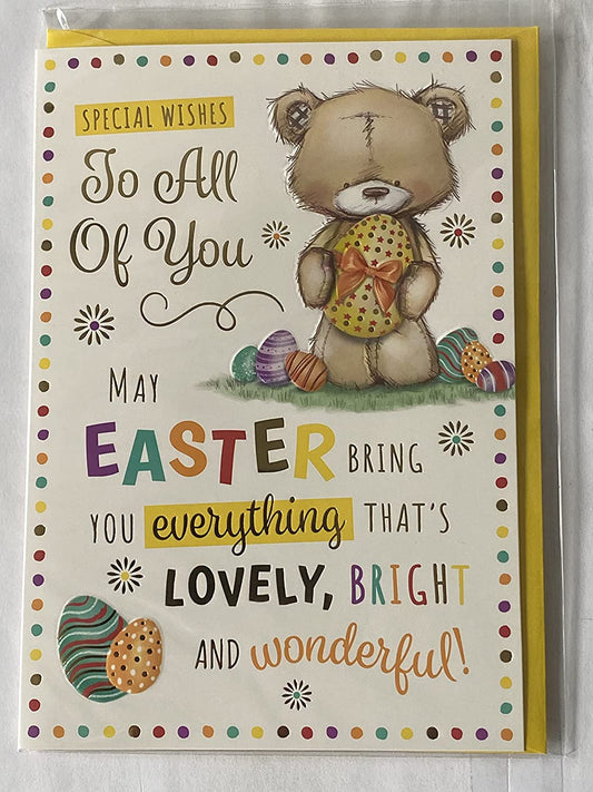 Special Wishes To All Of You Easter Card Teddy Carrying Yellow Easter Egg/Multi Words/Spots Foil Detail(PH48819E)