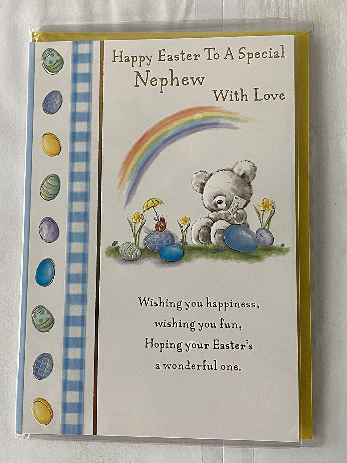 Happy Easter To A Special Nephew With Love Easter Card Teddy/Rainbow/Multi Easter Eggs/Words Foil Detail