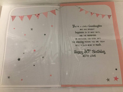 To A Fabulous Granddaughter 30 Birthday Card Age 30 30th Thirty Grey/Pink/Black/Silver Balloons/Words 3D/Glitter/Foil Detail