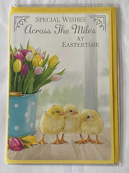 Special Wishes Across The Miles At Eastertime Easter Card Tulips/Blue Vase/Chicks Foil Detail(PH48823A)