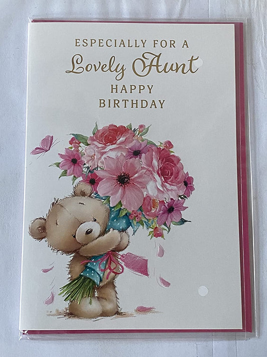 Especially For A Lovely Aunt Happy Birthday Card Teddy Pink Flowers Foil Detail(NC-VA123E)