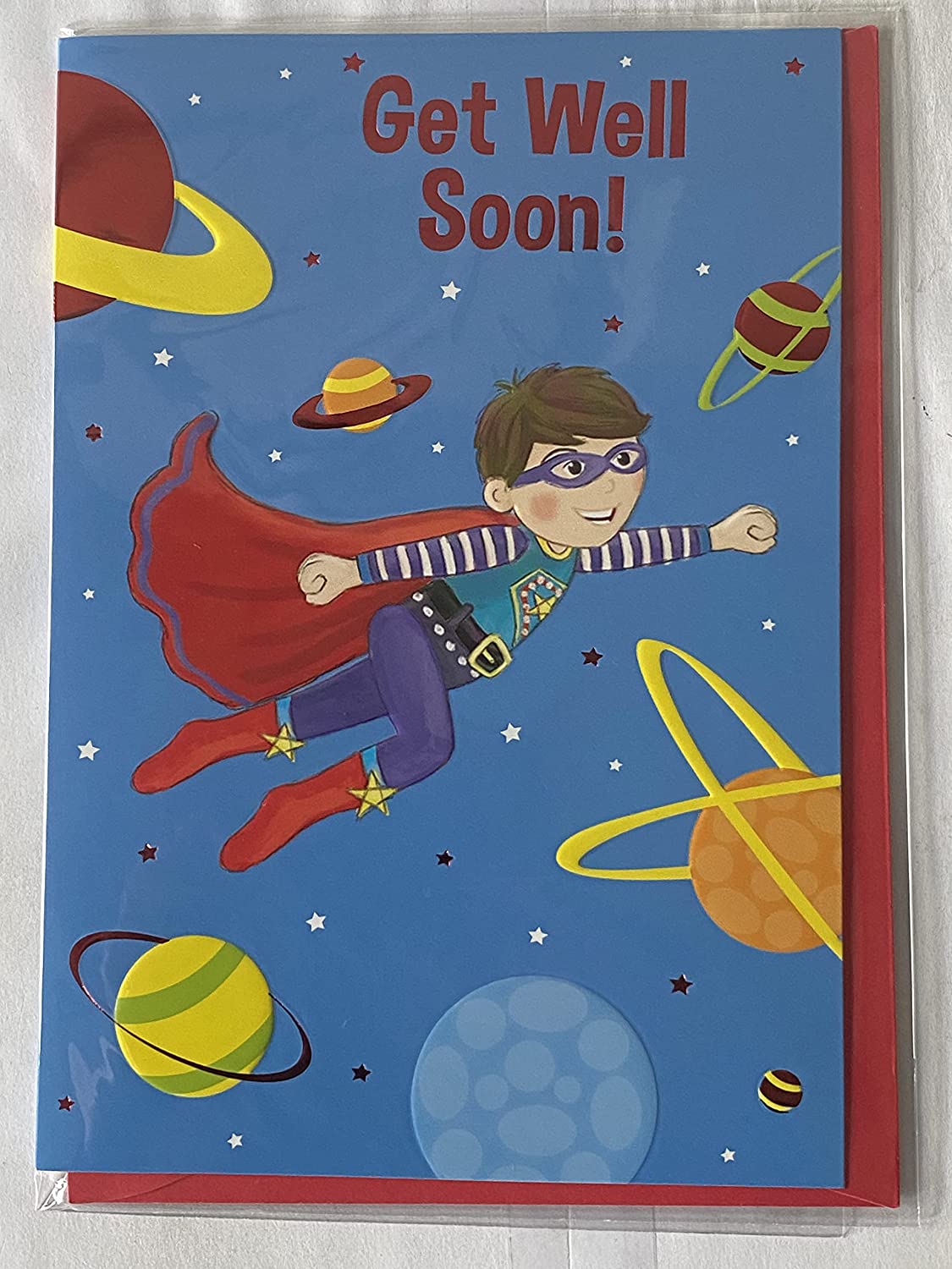 Boys Get Well Soon Card Boy Superhero/Red Cape Foil Detail(PH43630E)