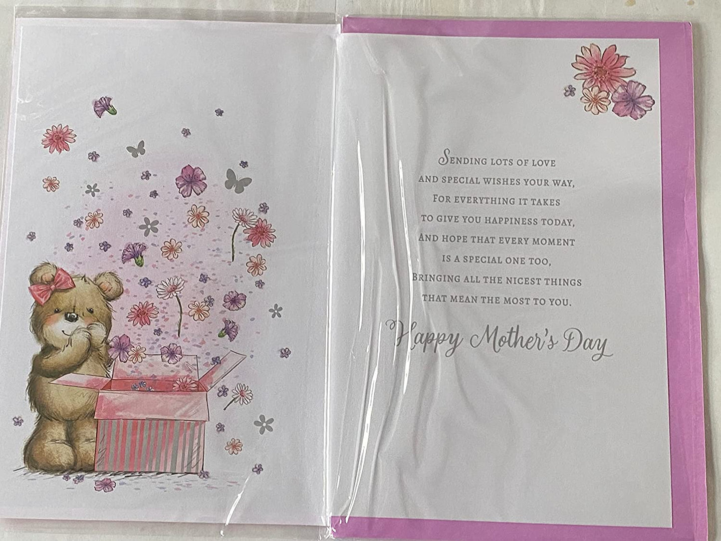 Especially For A Lovely Step-Mum Happy Mother's Day Mothers Day Card Teddy/Pink Present/Flowers/Butterflies 3D/Foil Detail