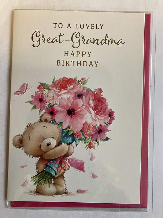 To A Lovely Great-Grandma Happy Birthday Card Teddy Bunch Pink Flowers Foil Detail(NC-VA123E)