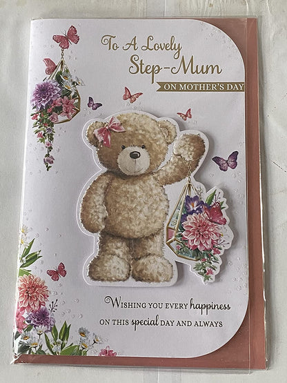 To A Lovely Step-Mum On Mother's Day Mothers Day Card Teddy/Flowers/Butterflies 3D/Glitter/Foil Detail