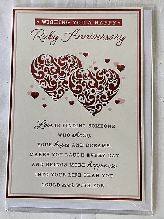 Wishing You A Happy Ruby Anniversary On Your Ruby 40th Wedding Anniversary Card White-Red/Pink Hearts/Red Words Foil Detail