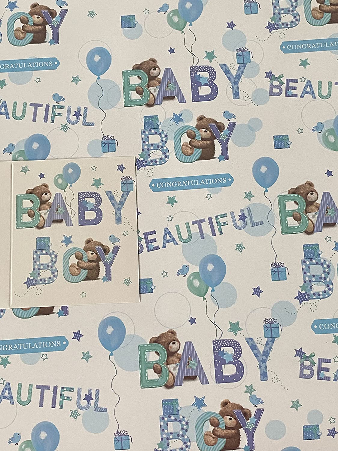 White/Blue-Teddies/Words/Balloons Congratulations Beautiful Baby Boy New Baby Born Birth/Baby Shower Wrapping Paper + Gift Tag - 2 Sheets Wrapping Paper + 1 Gift Tag