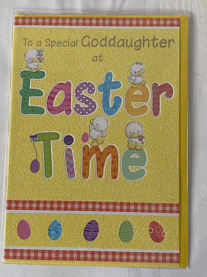 To A Special Goddaughter At Easter Time Easter Card Yellow-Multi Words/Ducks/Easter Eggs Glitter Detail(PH31694E)