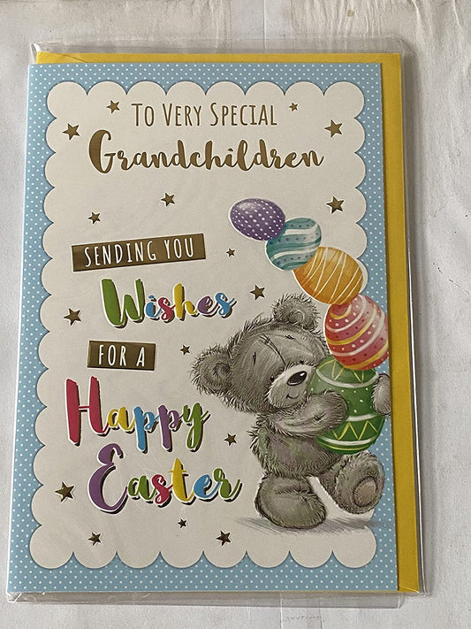 To Very Special Grandchildren Sending You Wishes For A Happy Easter Card Standing Grey Teddy/Multi Easter Eggs Foil Detail(PH48820E)