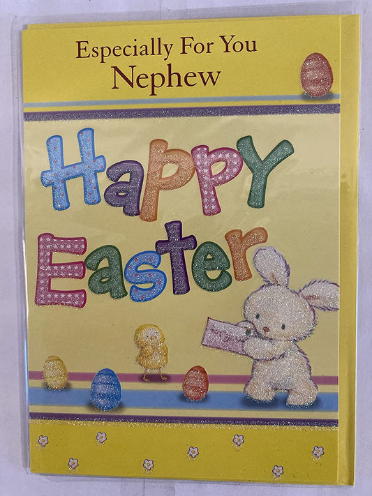 Especially For You Nephew Happy Easter Card Yellow-White Easter Bunny Rabbit/Chick/Multi Easter Eggs/Words Glitter Detail