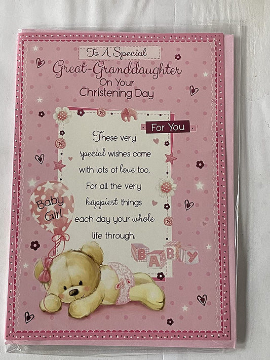 To A Special Great-Granddaughter On Your Christening Day Great-Granddaughter's Christening Day Card Pink-Teddy/Pink Balloon+Words Foil Detail(PH41077A)