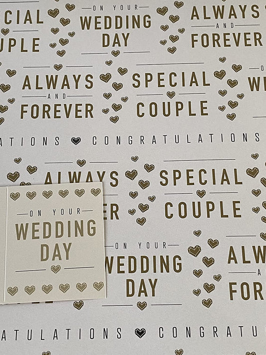 On Your Wedding Day Special Couple Always & Forever Congratulations Gold/Black Words/Hearts Wedding Day Wrapping Paper +Gift Tag-2X Sheets Wrapping Paper+1 Tag