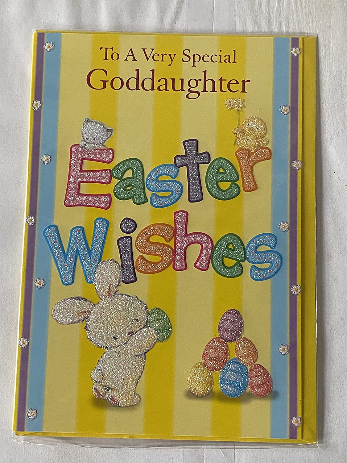 To A Very Special Goddaughter Easter Wishes Easter Card Yellow-White Easter Bunny Rabbit/Multi Easter Eggs/Words/Stripes Glitter Detail