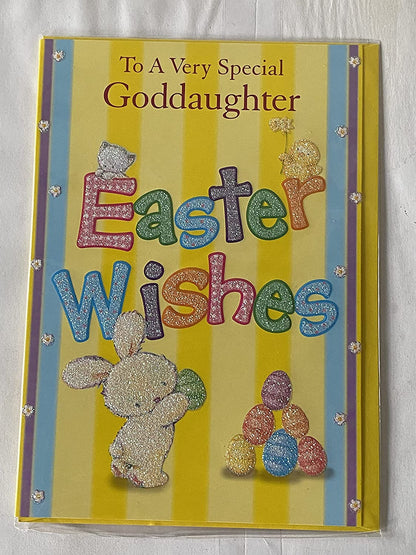 To A Very Special Goddaughter Easter Wishes Easter Card Yellow-White Easter Bunny Rabbit/Multi Easter Eggs/Words/Stripes Glitter Detail