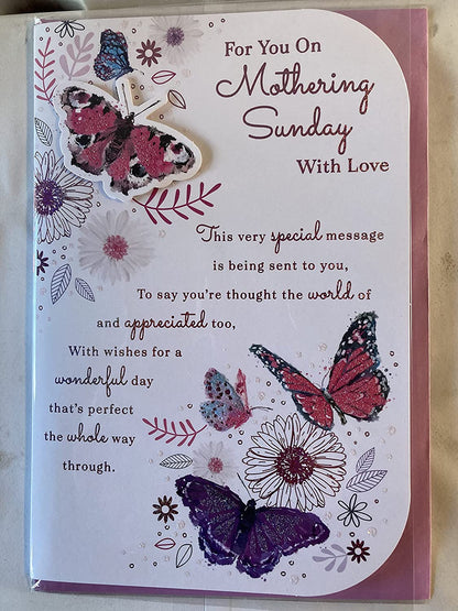 For You On Mothering Sunday With Love Mother's Day Mothers Day Card White-Butterflies/Flowers/Pink Words 3D/Glitter/Foil Detail