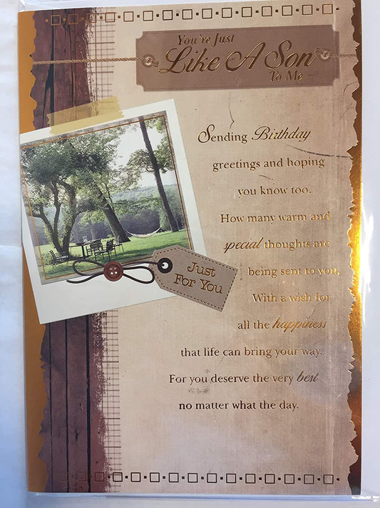 You're Just Like A Son to Me Just for You Birthday Card Brown/Gold Words/Garden Table+Chairs/Hammock Foil Detail(PH38842A)