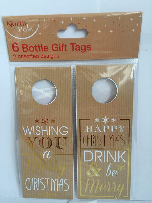 6 Christmas Bottle Gift Tags Gold/White Foil Detail Gift Present Xmas