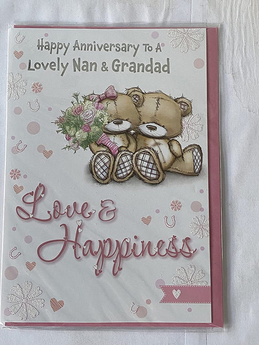Happy Anniversary To A Lovely Nan & Grandad Love & Happiness On Your Anniversary Wedding Anniversary Card Sitting Teddies/Flowers/Words Glitter/Foil Detail(PH43652A)