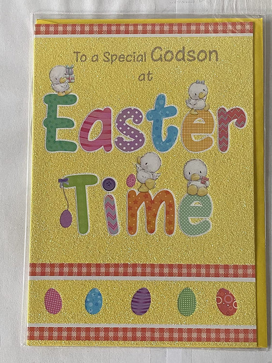 To A Special Godson At Easter Time Easter Card Yellow-Multi Words/Ducks/Easter Eggs Glitter Detail(PH31694E)