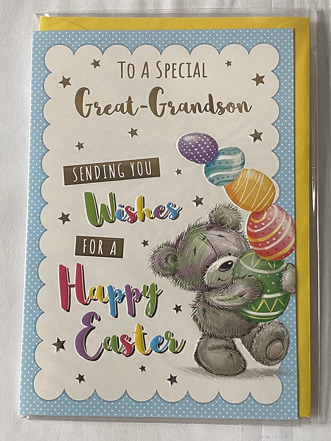 To A Special Great-Grandson Sending You Wishes For A Happy Easter Card Standing Grey Teddy/Multi Easter Eggs Foil Detail(PH48820E)