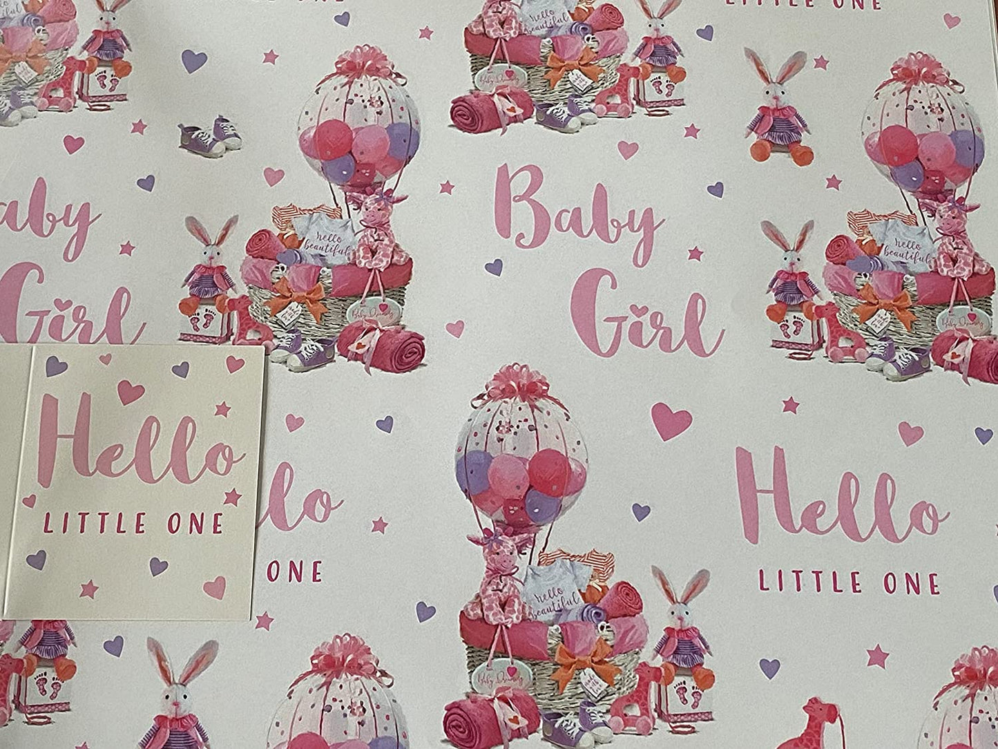 White/Pink-Gifts/Toys/Balloons/Hearts Hello Little One Baby Girl New Baby/Baby Shower Wrapping Paper + Gift Tag - 2 Sheets Wrapping Paper + 1 Gift Tag