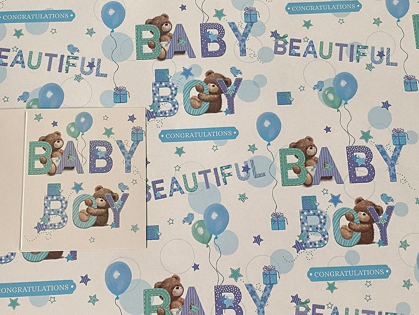 White/Blue-Teddies/Words/Balloons Congratulations Beautiful Baby Boy New Baby Born Birth/Baby Shower Wrapping Paper + Gift Tag - 2 Sheets Wrapping Paper + 1 Gift Tag