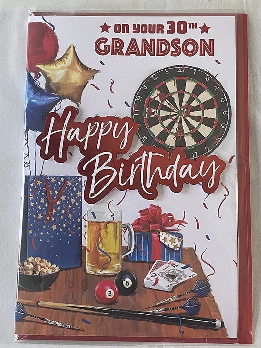 On Your 30th Grandson Happy Birthday Card Age 30 Thirty Beer/Games 3D/Foil Detail