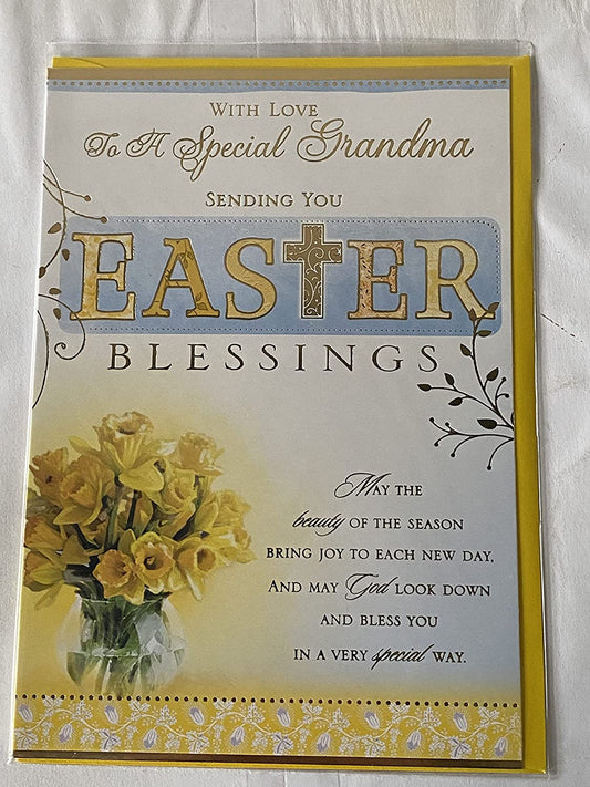 With Love To A Special Grandma Sending You Easter Blessings Easter Card Daffodils/Glass Vase/Gold Words Foil Detail