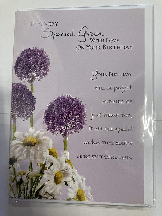 To A Very Special Gran with Love On Your Birthday Card Purple/White Flowers/Silver Words Foil Detail(PH42315A)