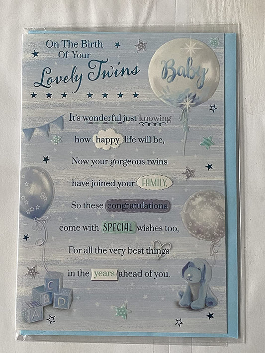 On The Birth Of Your Lovely Twins Congratulations Twin Boys New Baby Boy Born Birth Card Blue-Teddy/Dog/Toy Bricks/Balloons/Blue Words Foil Detail(PH48414E)