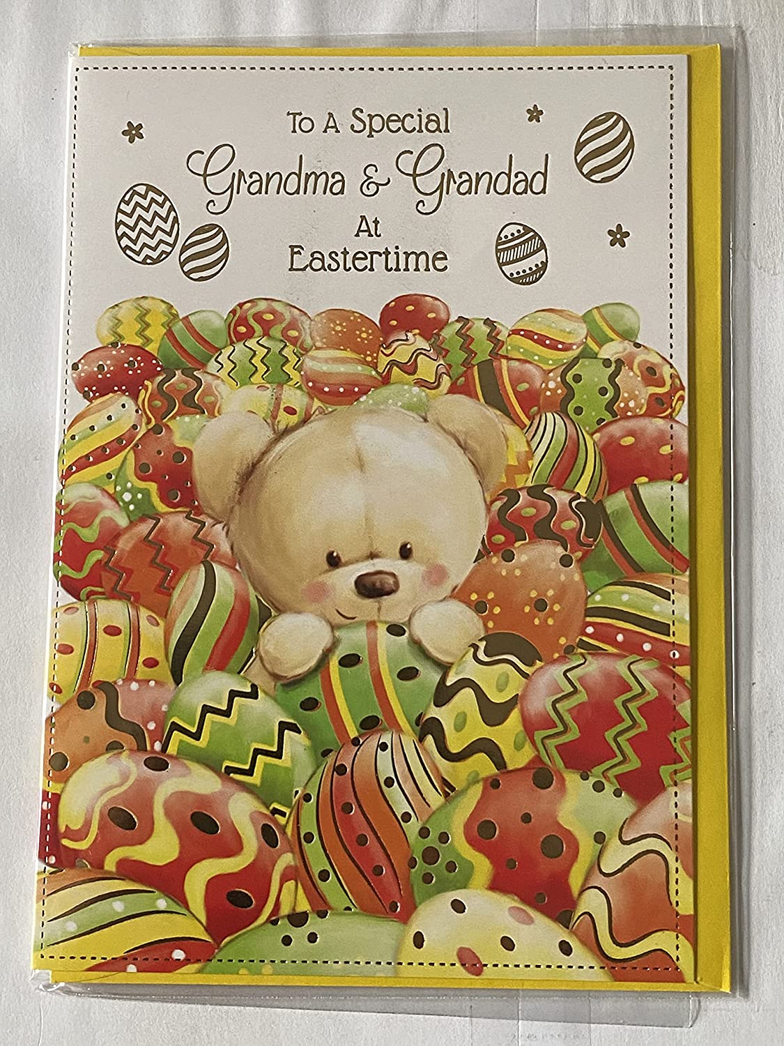 For A Fantastic Grandma & And Grandad At Easter Card Teddy/Multi Easter Eggs Foil Detail