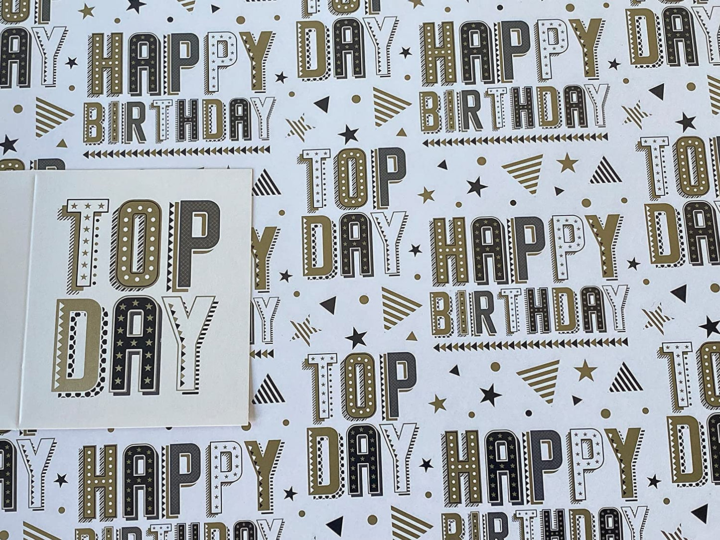 Mens Boys Male White/Gold/Black Words Happy Birthday Top Day Birthday Gift Wrapping Paper + Gift Tag 2 Sheets Wrapping Paper+ 1 Gift Tag