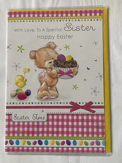 With Love To A Very Special Sister Happy Easter Card White/Pink-Teddy/Chocolate Bun/Easter Eggs/Chick Foil Detail