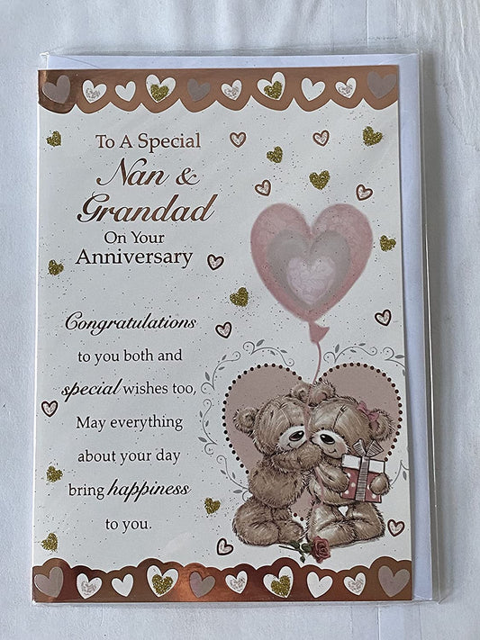 To A Special Nan & Grandad On Your Anniversary Wedding Anniversary Card Teddies/Heart Balloon/Words Glitter/Foil Detail