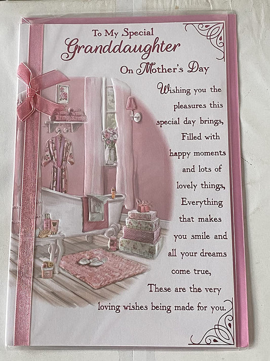 To My Special Granddaughter On Mother's Day Mothers Day Card Bathroom/Pink Words Ribbon/Foil Detail