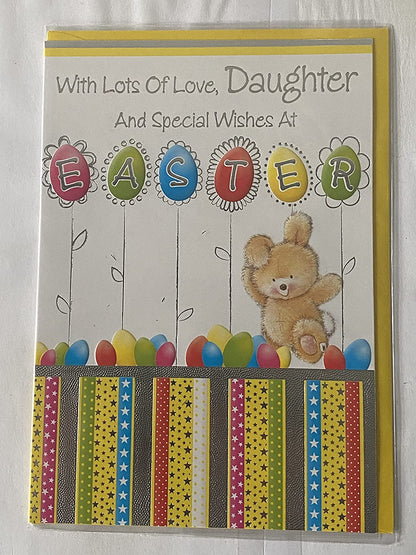 With Lots Of Love Daughter And Special Wishes At Easter Card Standing Rabbit/Multi Flowers/Easter Eggs/Stripes Foil Detail