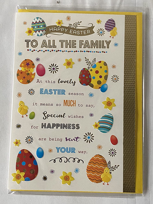 Happy Easter To All The Family Easter Card Multi Words/Multi Easter Eggs Foil Detail