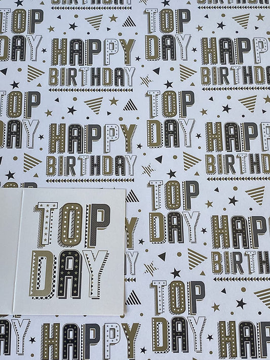 Mens Boys Male White/Gold/Black Words Happy Birthday Top Day Birthday Gift Wrapping Paper + Gift Tag 2 Sheets Wrapping Paper+ 1 Gift Tag