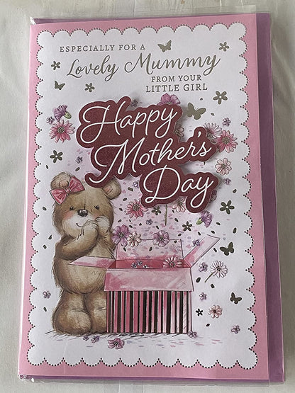 Especially For A Lovely Mummy From Your Little Girl Happy Mother's Day Mothers Day Card Teddy/Pink Present/Flowers/Butterflies 3D/Foil Detail(PRELUDE48774)